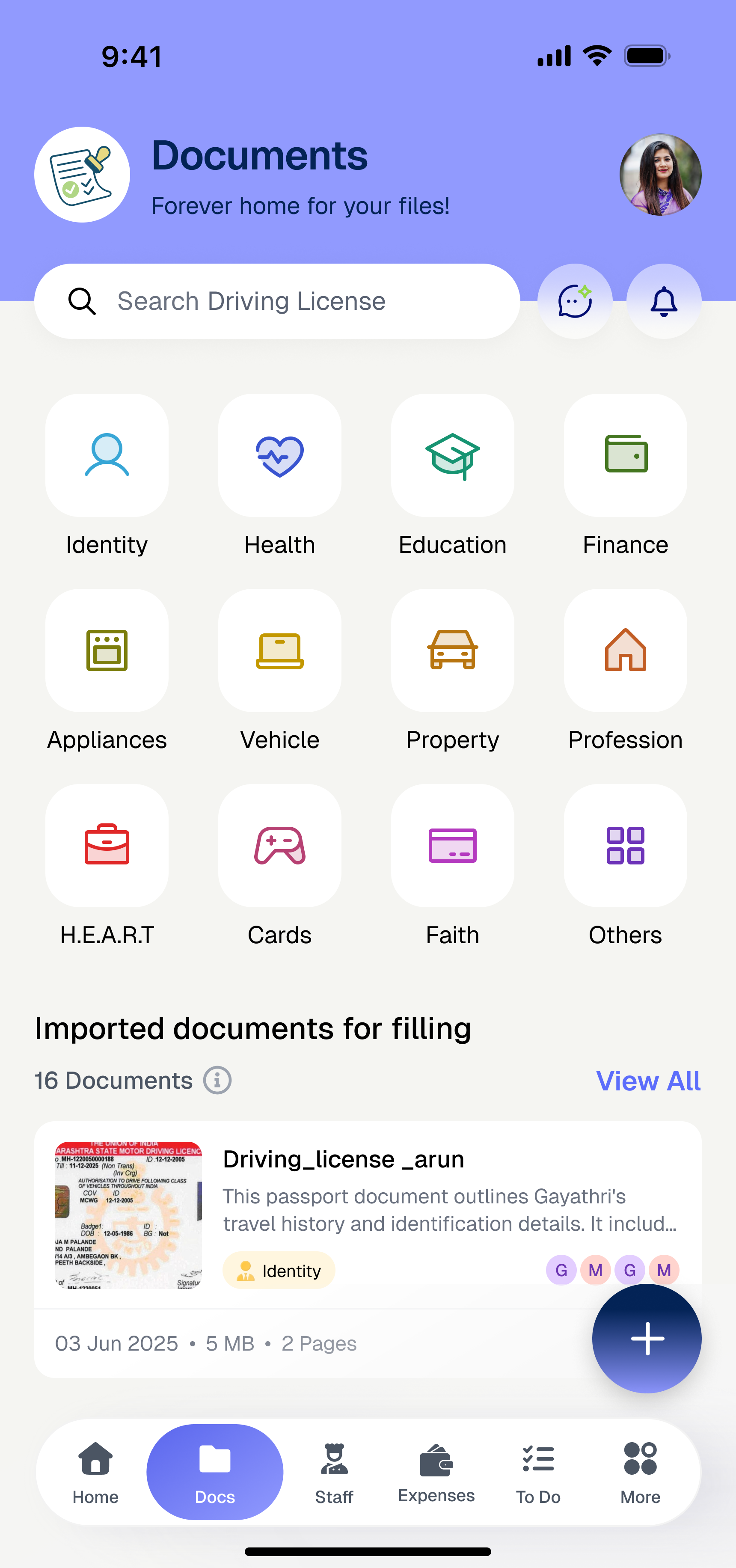 Documents module — Indian documents auto-filed into folders