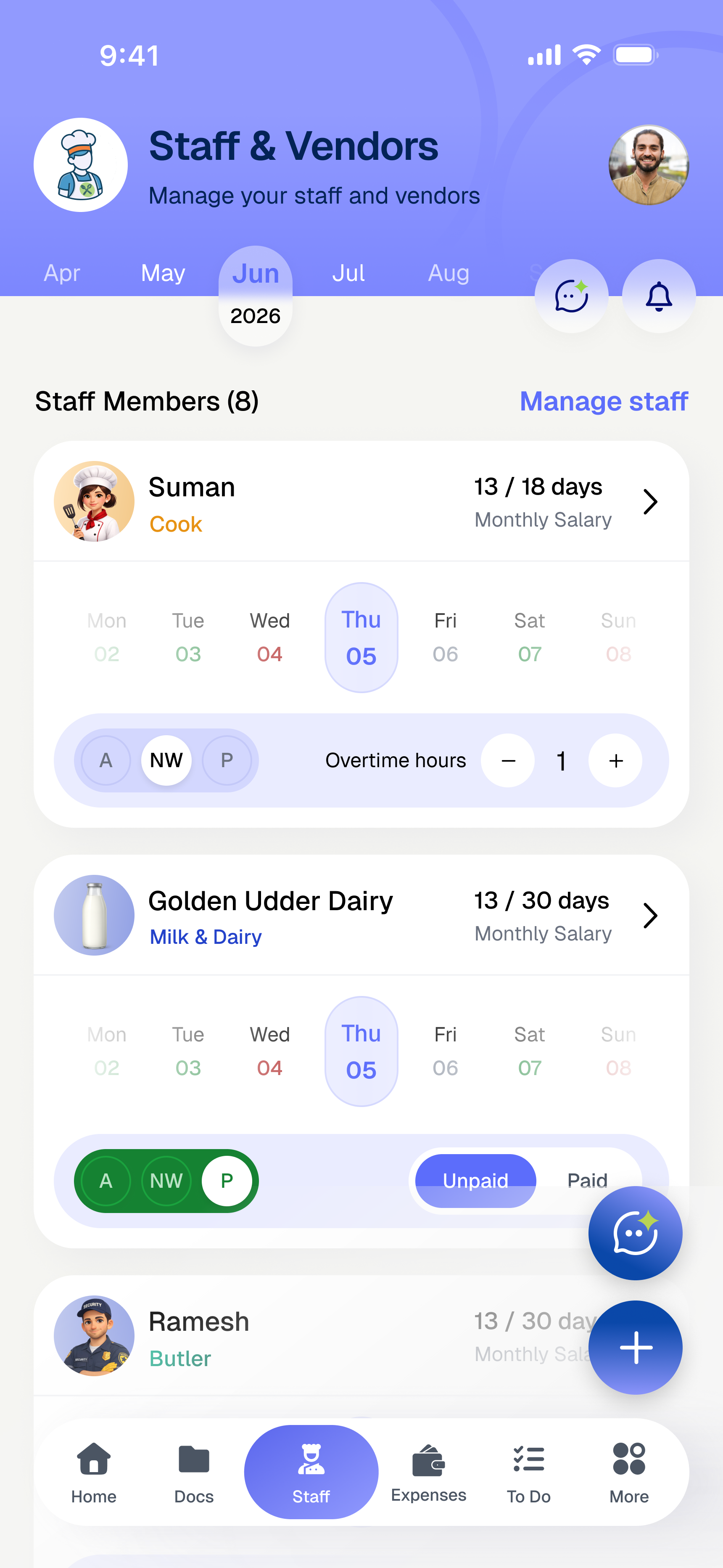 Staff module — domestic staff attendance and salary